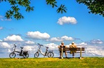 man, woman, bicycle, bike, air, sky, bench, peace, nature, people, couple